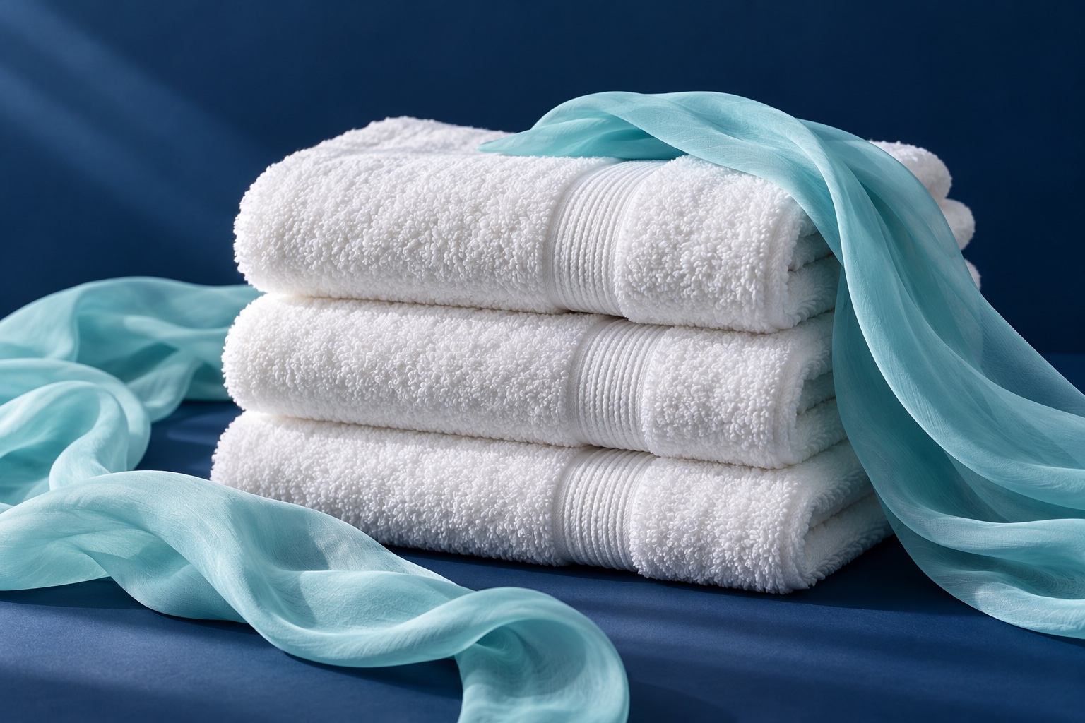 Illustrative studio study of white cotton towels and aqua fabric